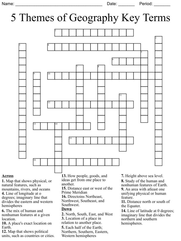 4th Grade Social Studies Regional Characteristics Crossword Printable
