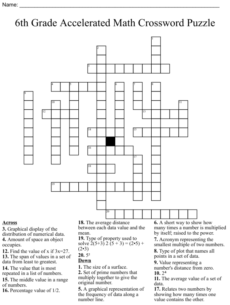 6th Grade Accelerated Math Crossword Puzzle WordMint