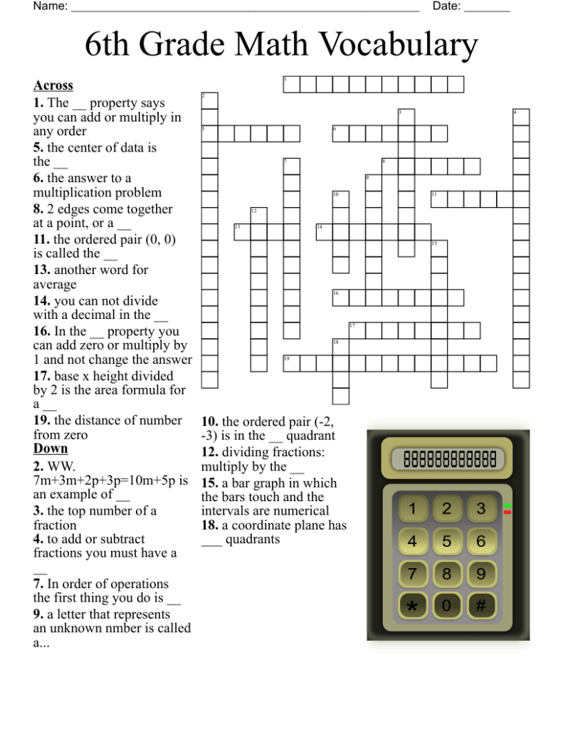 6th Grade Math Vocabulary Crossword WordMint