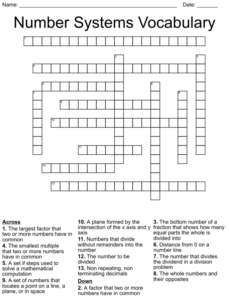 6th Grade Math Number System Crossword Printable