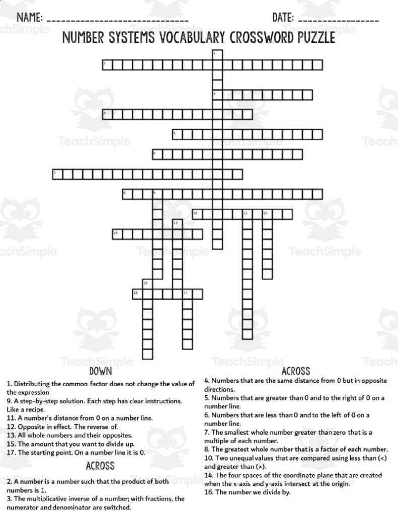 6th Grade Number Systems Crossword Puzzle By Teach Simple