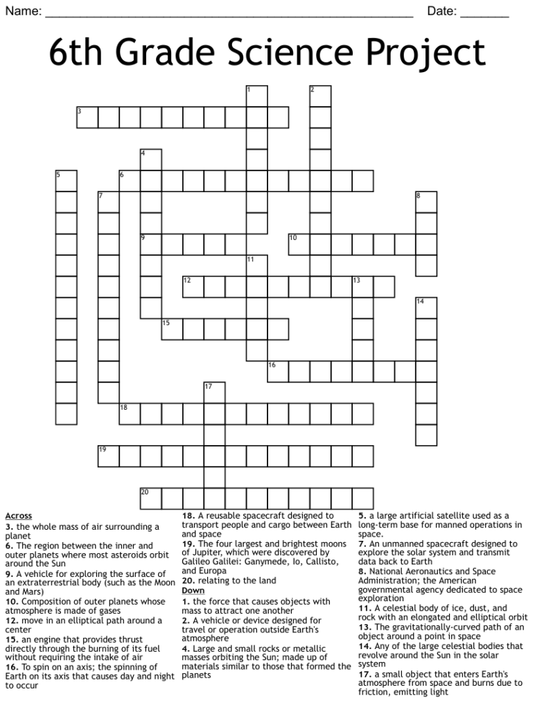 6th Grade Science Project Crossword WordMint