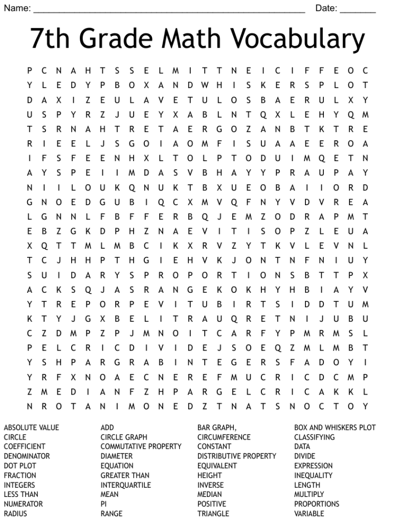 7th Grade Math Vocabulary Word Search WordMint