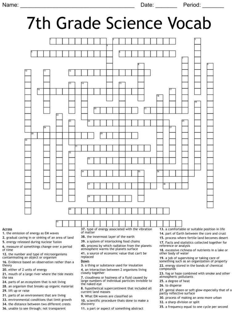 7th Grade Science Vocab Crossword WordMint