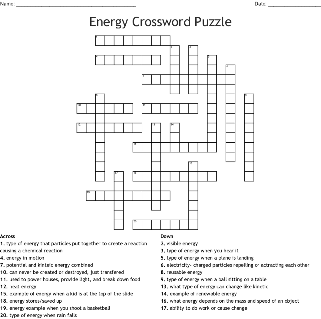 3rd Grade Science Energy Crossword Printable