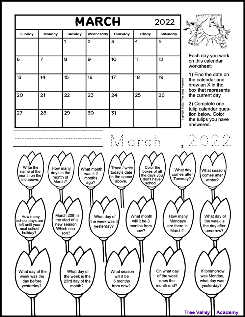Calendar Worksheet For March 2022 Tree Valley Academy