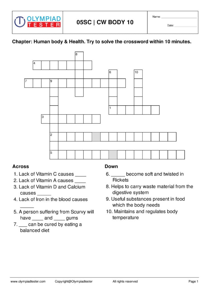 Class 5 Science Crossword Puzzles Human Body Science Worksheets Crossword Puzzles Fun Math Worksheets
