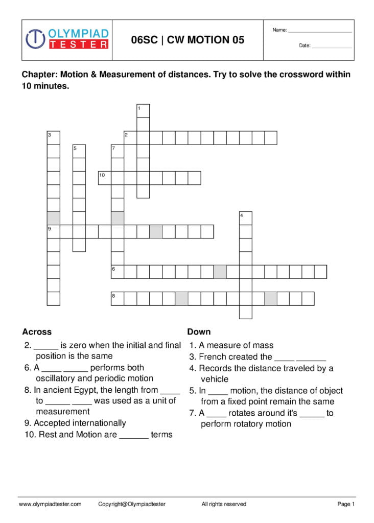 Class 6 Science Crossword Puzzle Motion And Measurements Crossword Crossword Puzzle Science Worksheets