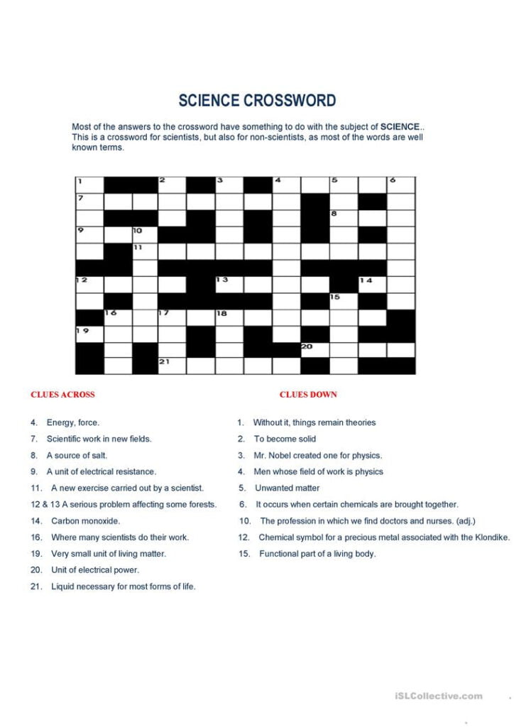 12th Grade Science Crosswords Printable