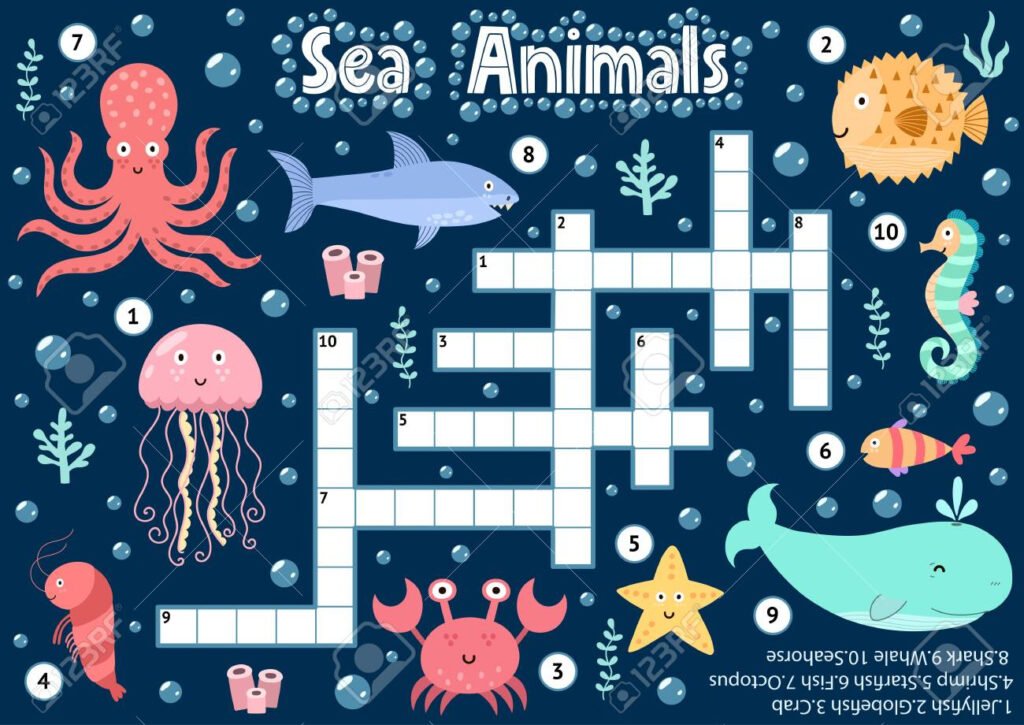 Crossword Puzzle Game Of Sea Animals For Kids Underwater Logical Activity Sheet For School And Preschool Colorful Printable Worksheet For Children Vector Illustration Royalty Free SVG Cliparts Vectors And Stock Illustration Image