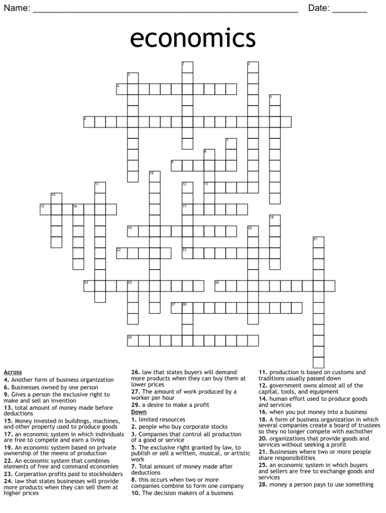 2nd Grade Social Studies Economics Crossword Printable