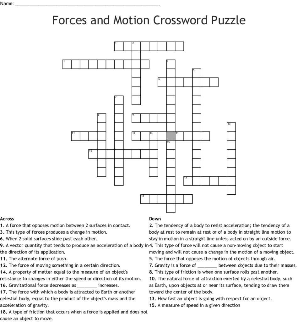 Forces And Motion Crossword Puzzle Force And Motion Crossword Puzzle Crossword