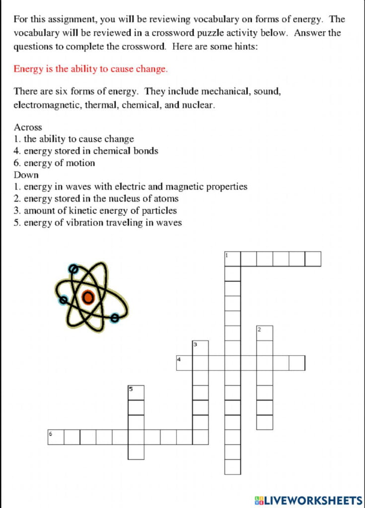 Forms Of Energy Crossword Puzzle Worksheet