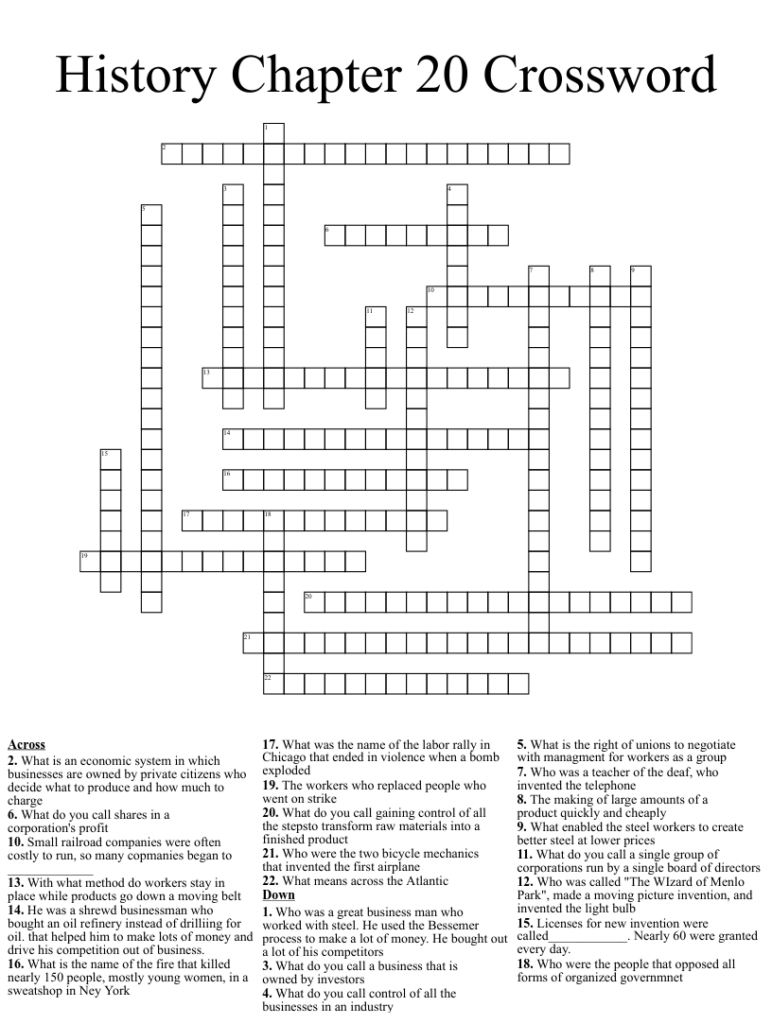 2nd Grade Social Studies Industry Crossword Printable