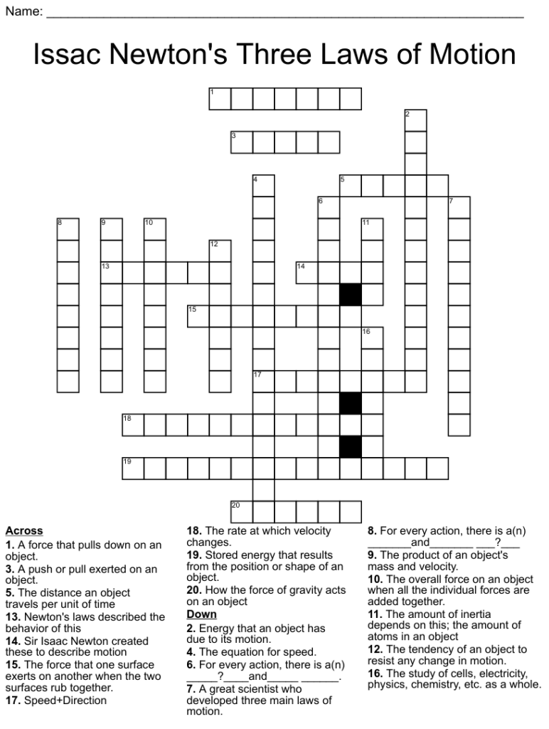 3rd Grade Science Motion Crossword Printable