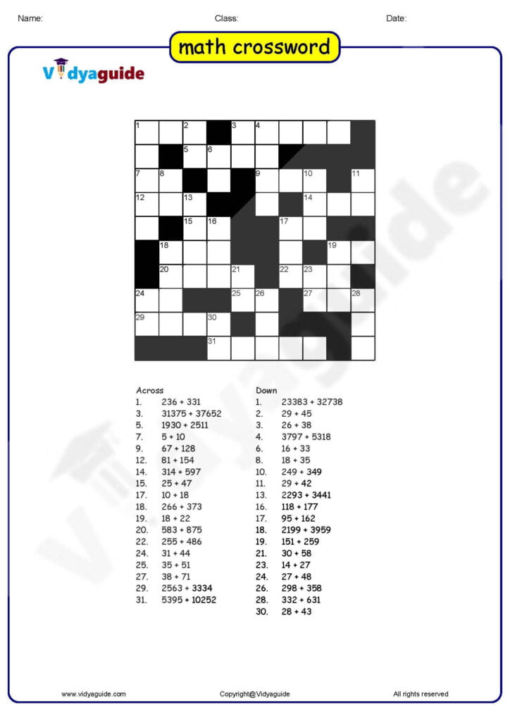 Kindergarten Math Algebraic Thinking Crossword Printable