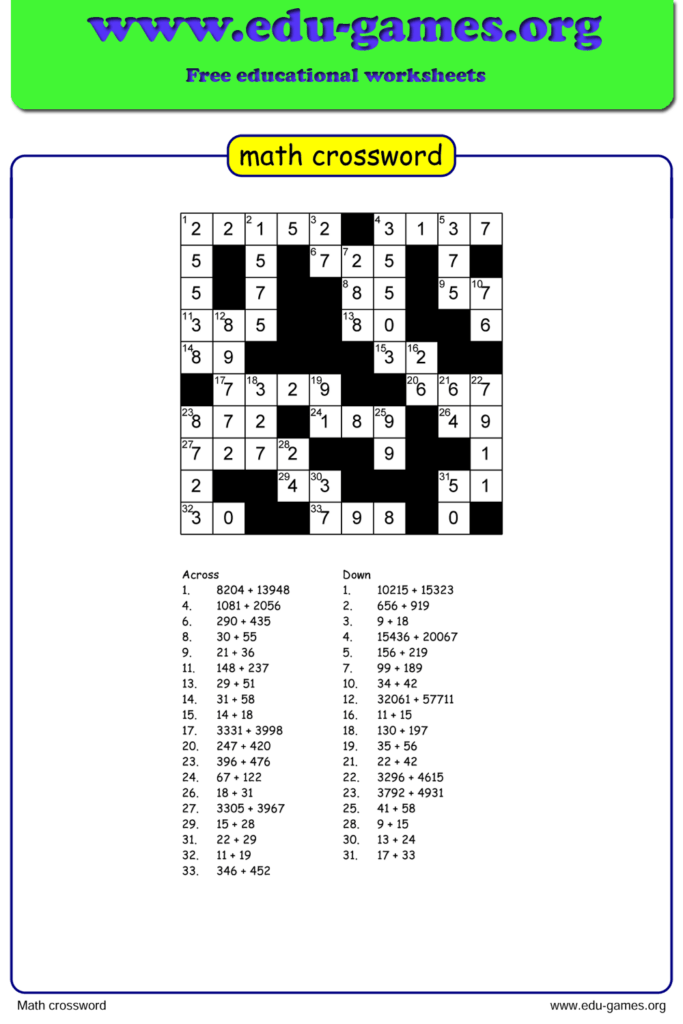 Math Crossword Puzzle Maker Free Printable Worksheets