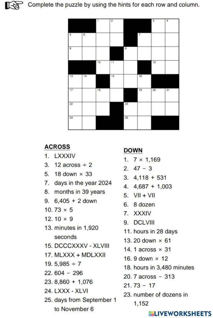 2nd Grade Math Time Crossword Printable