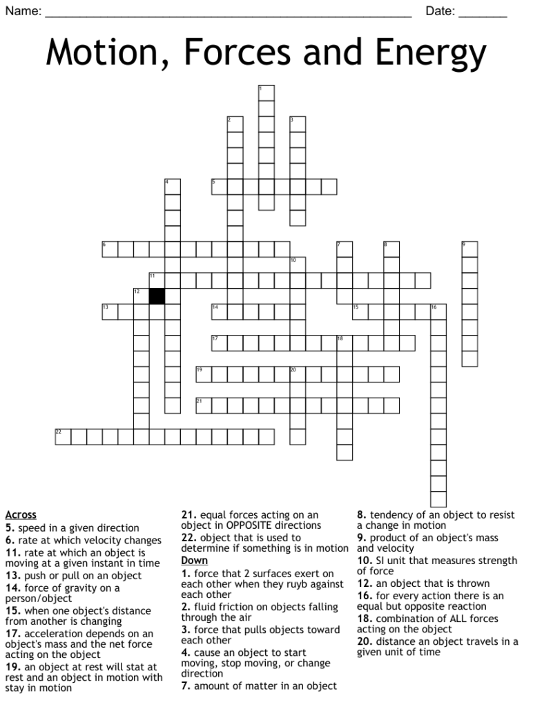 6th Grade Science Motion Crossword Printable