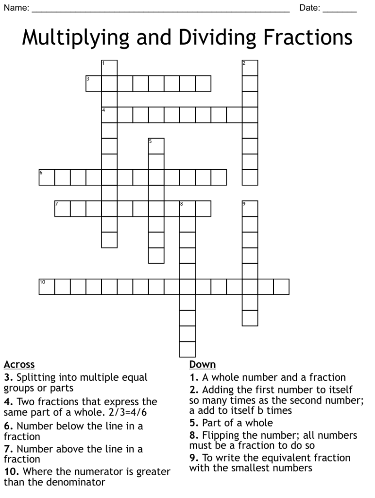 Multiplying And Dividing Fractions Crossword WordMint