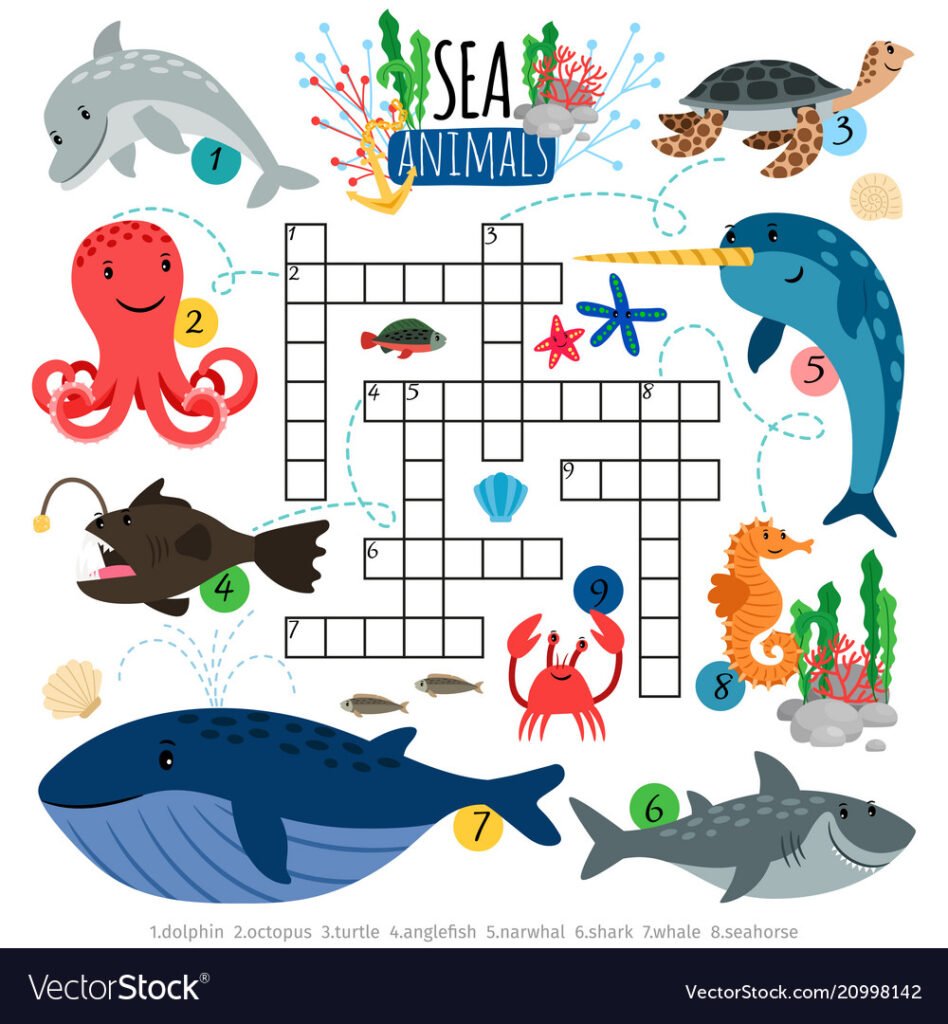 Ocean Animals Crosswords Game For Kids Royalty Free Vector