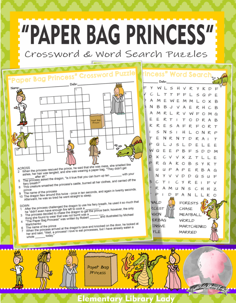 Paper Bag Princess Activities Robert Munsch Crossword Puzzle Word Search Lorax Activities Goodnight Moon Activities Paper Bag Princess