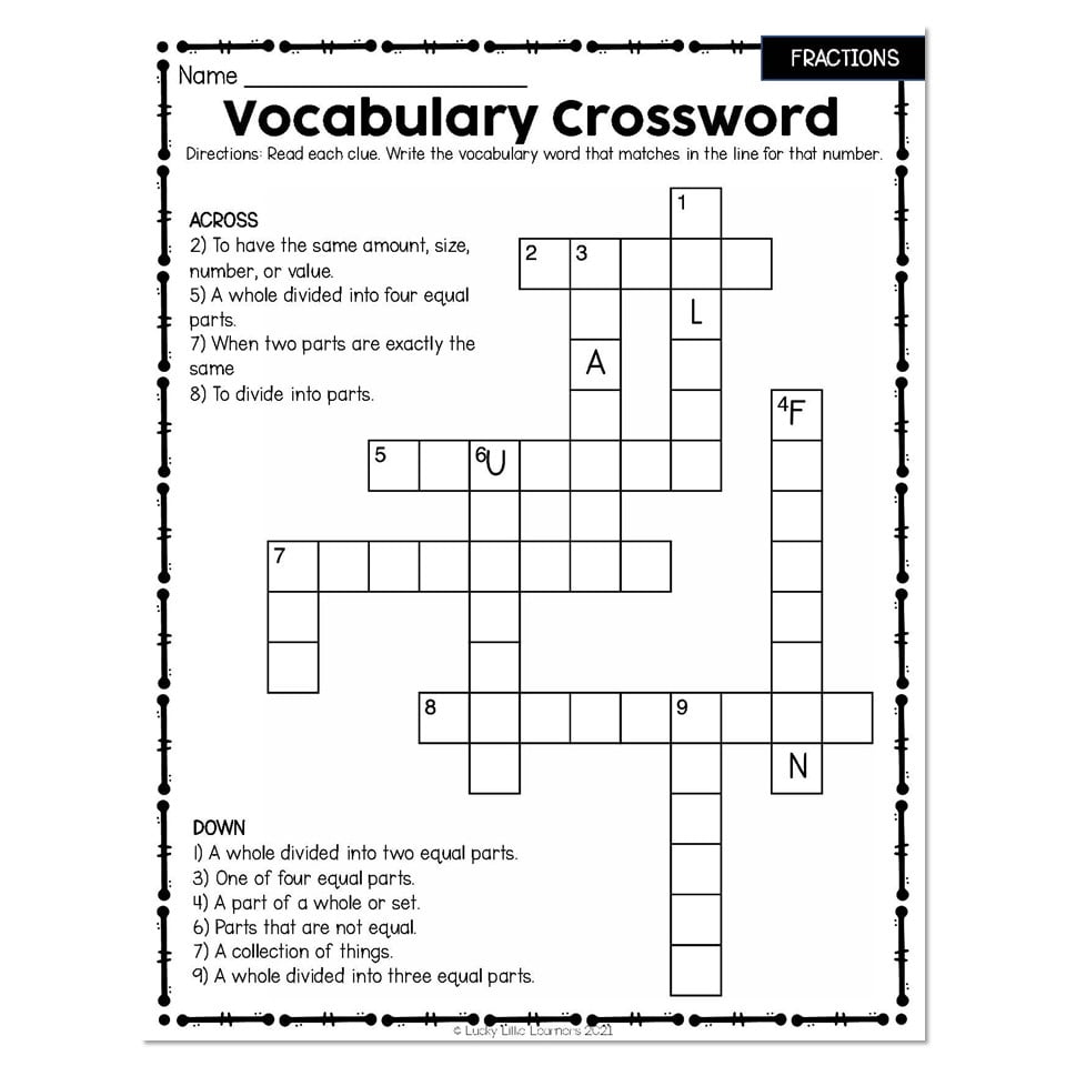 2nd Grade Math Fractions Crossword Printable