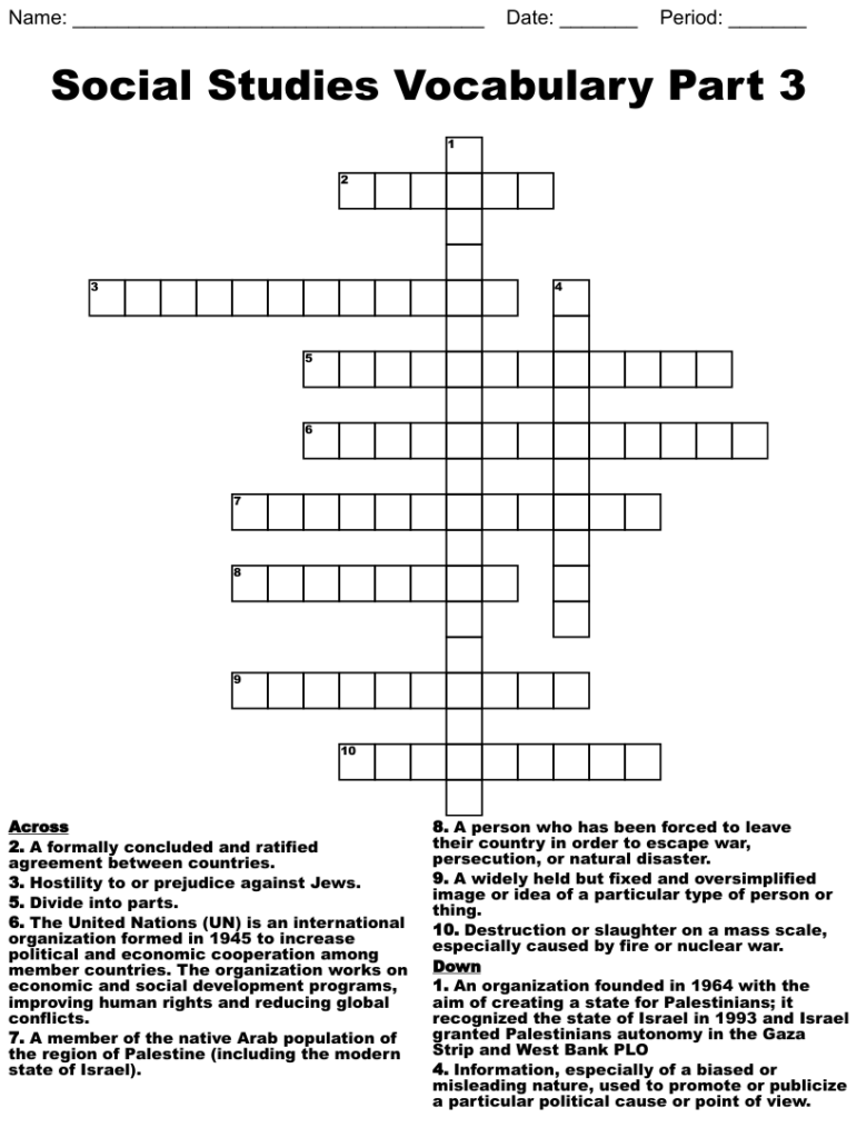3rd Grade Social Studies Crosswords Printable