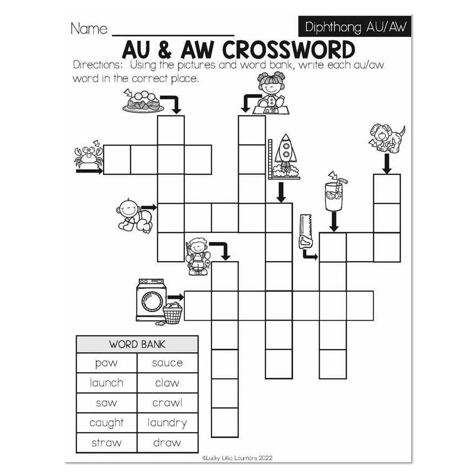 Summer Early Finishers 1st Grade ELA Diphthong AU And AW AU And AW Crossword Lucky Little Learners