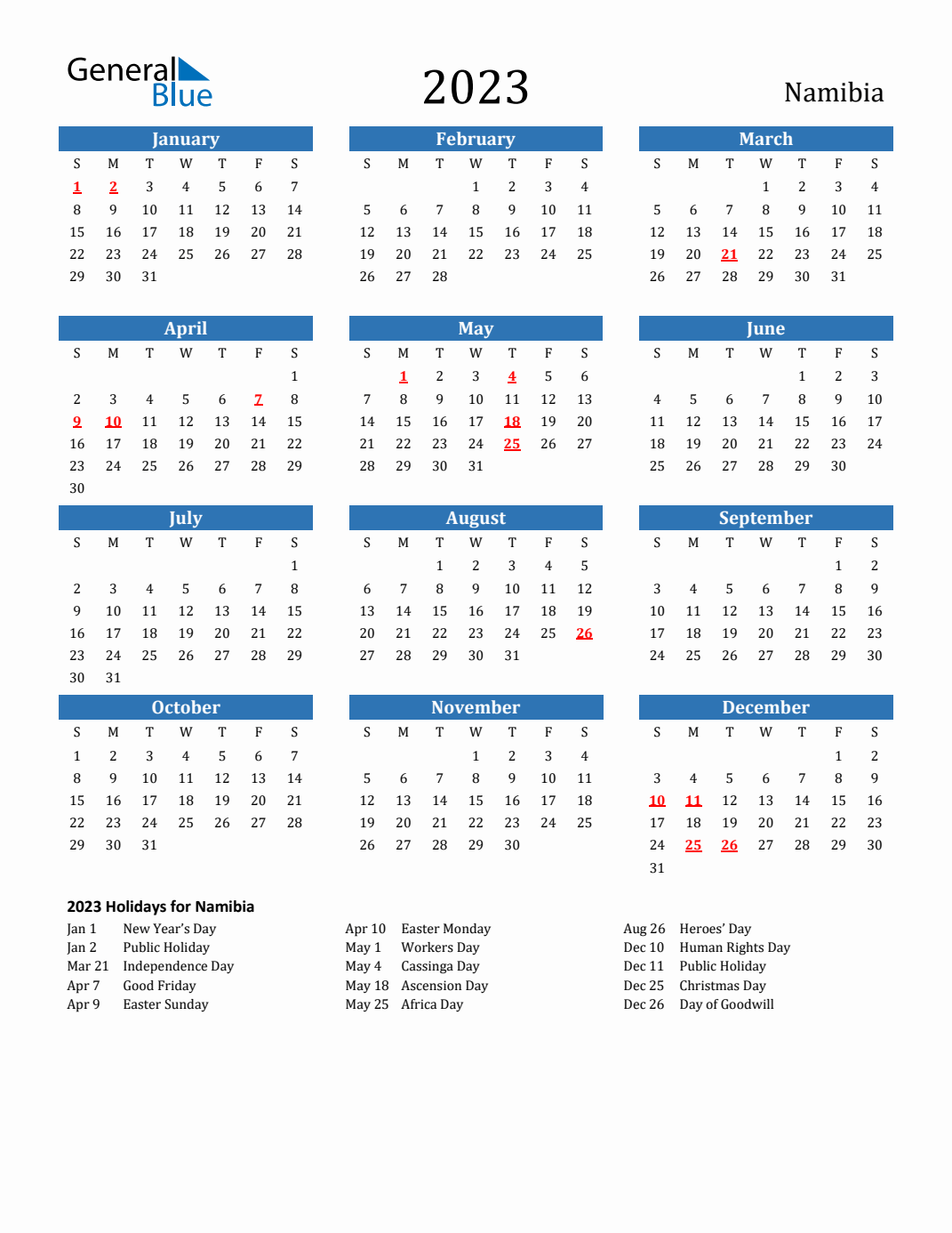 Printable Calendar 2023 Namibia