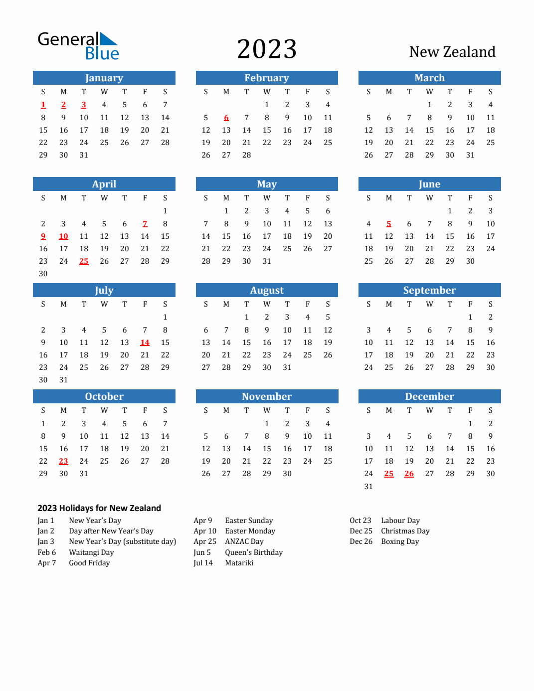 Printable Calendar 2023 Nz