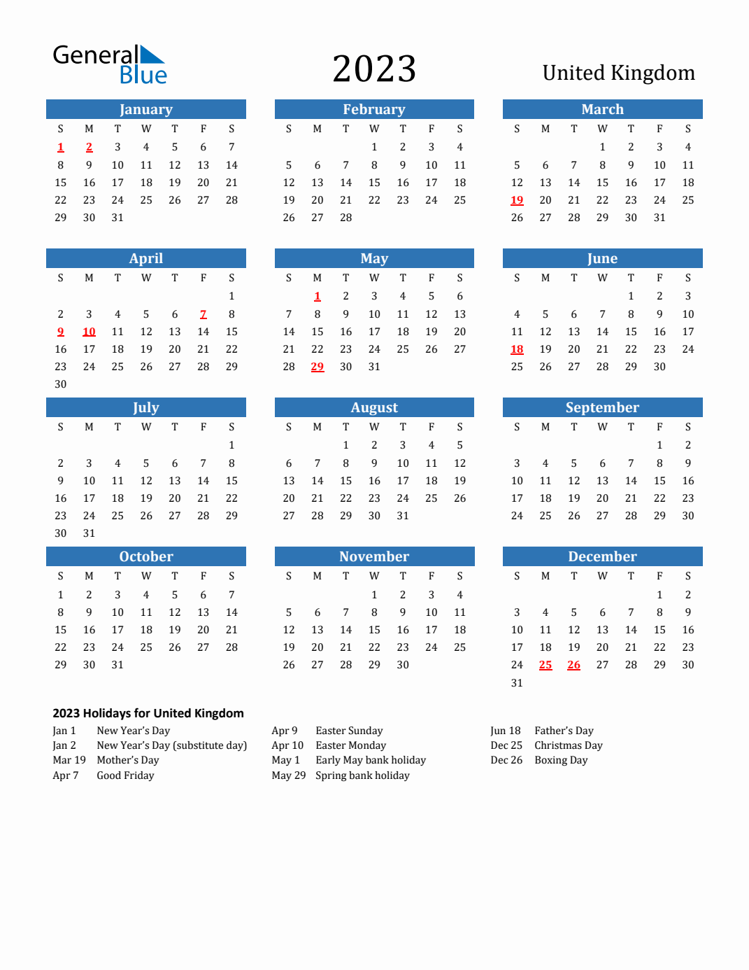 Printable Calendar 2023 Uk