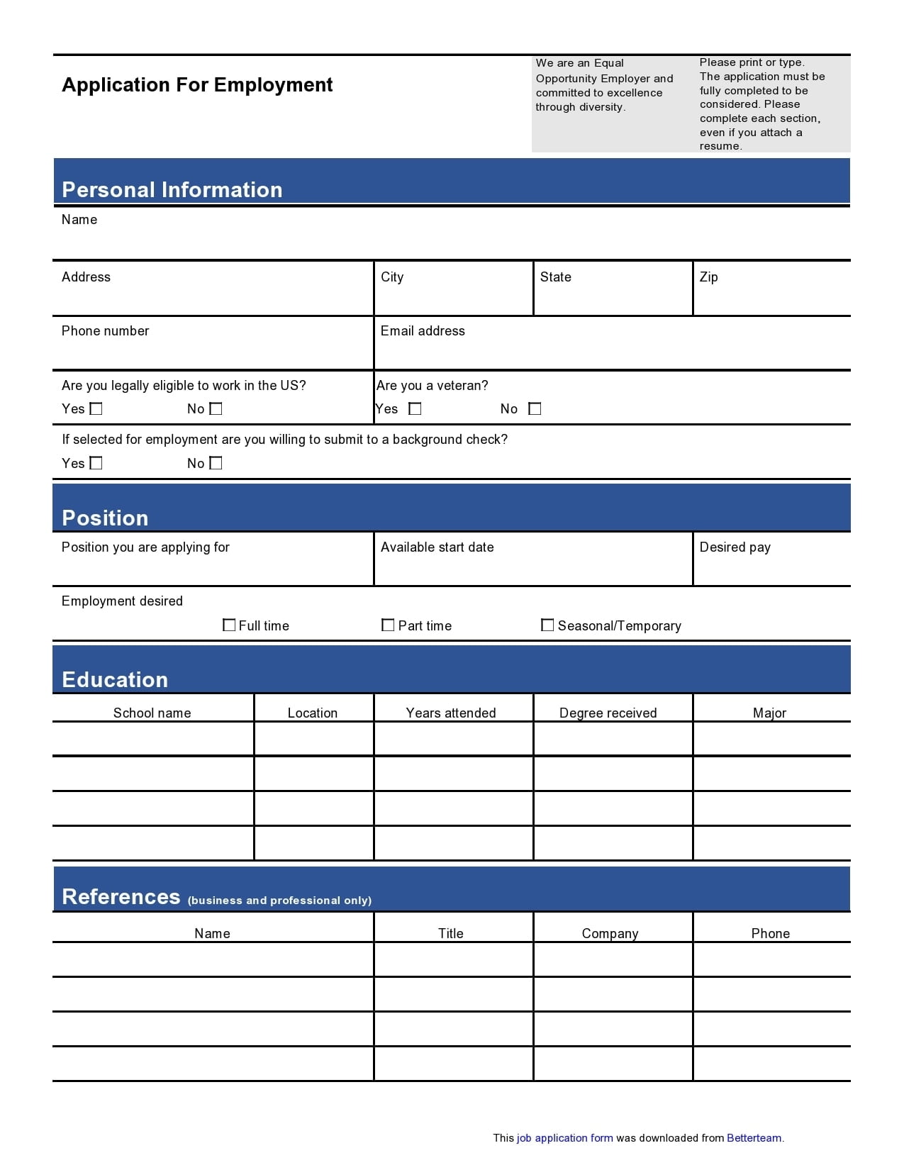 Blank Employment Application Printable
