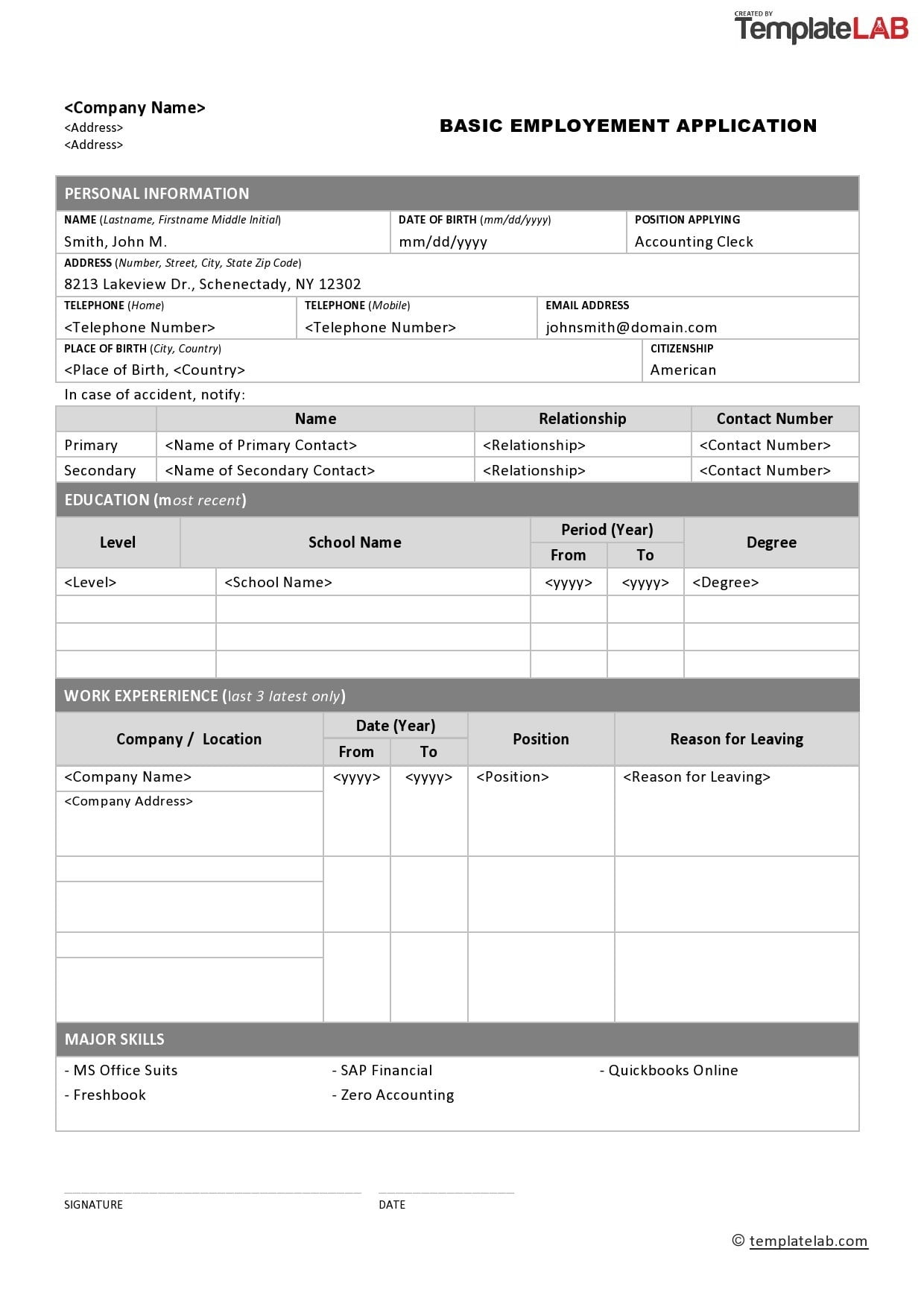 Printable Employment Application Form