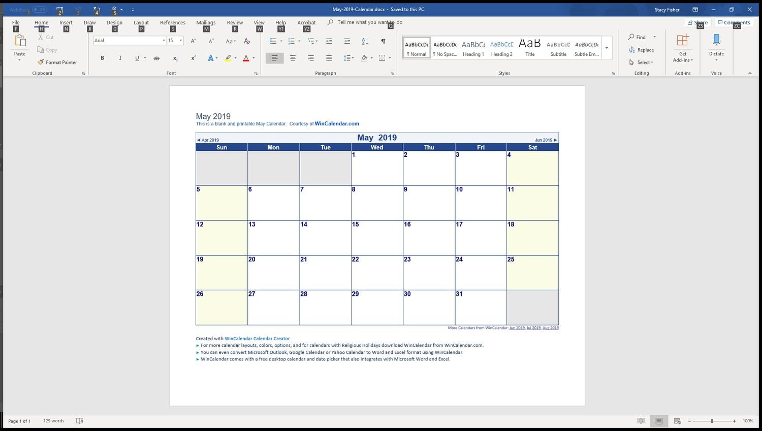 Printable Calendar In Word