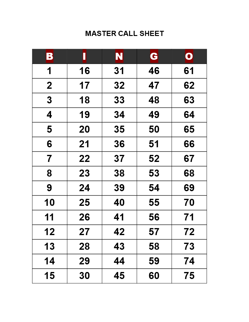 Printable Bingo Master Sheet