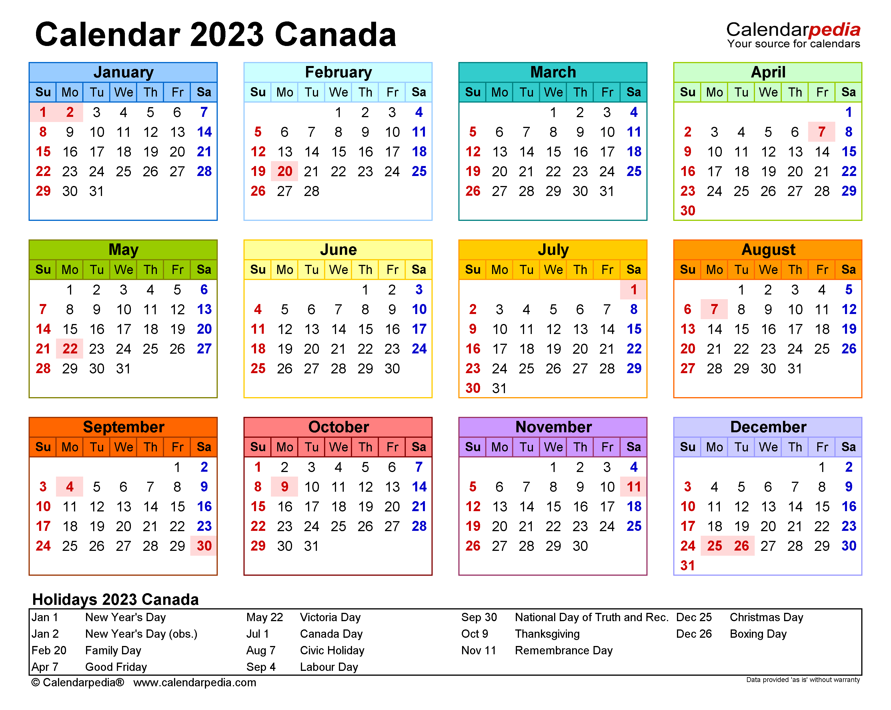 Printable Calendar 2023 Canada