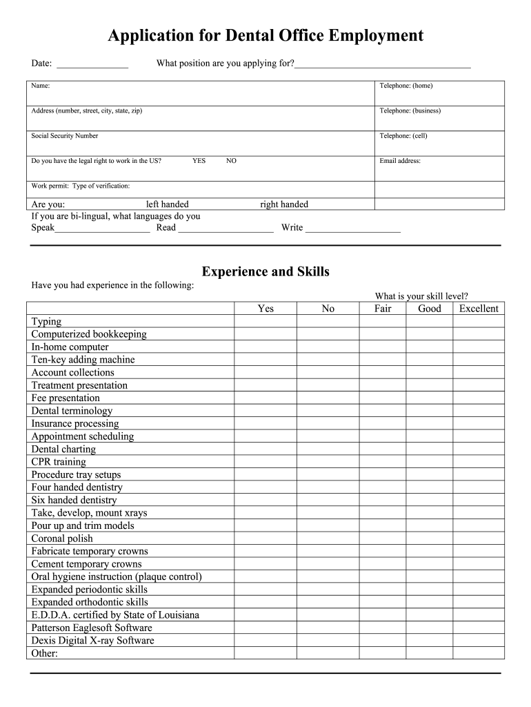 Printable Dental Employment Application