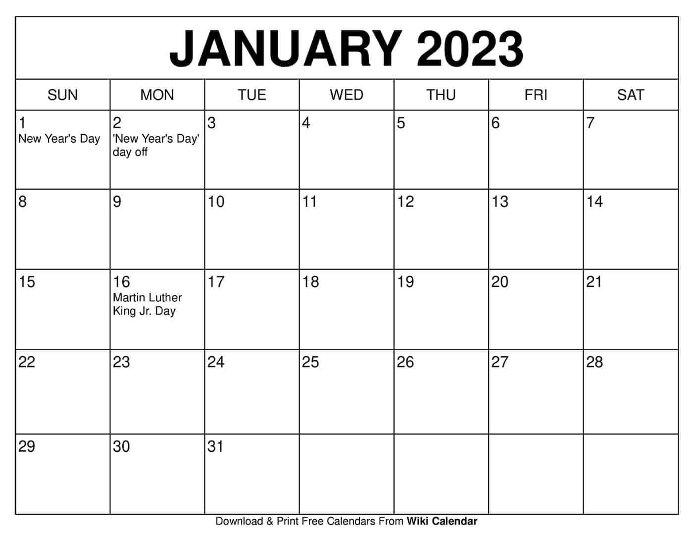 Printable Calendar 2023 January