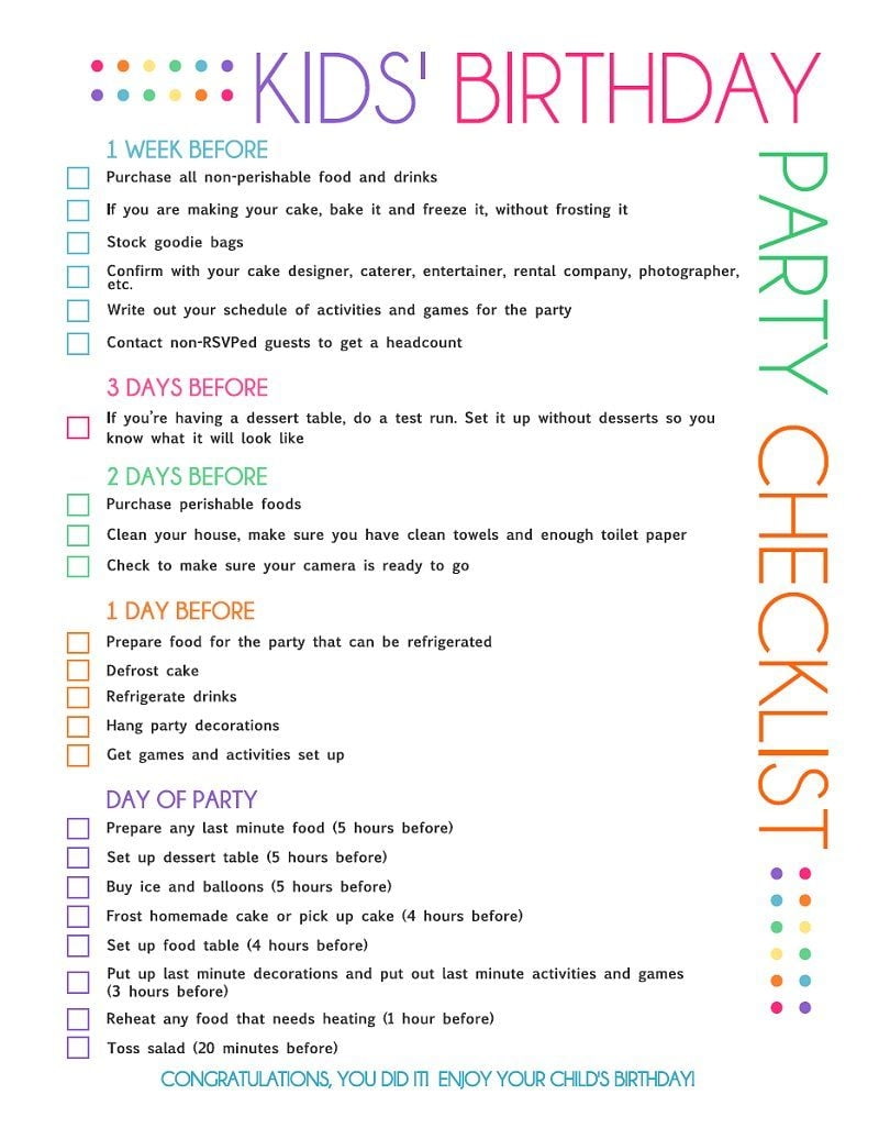 Printable Birthday Party Checklist