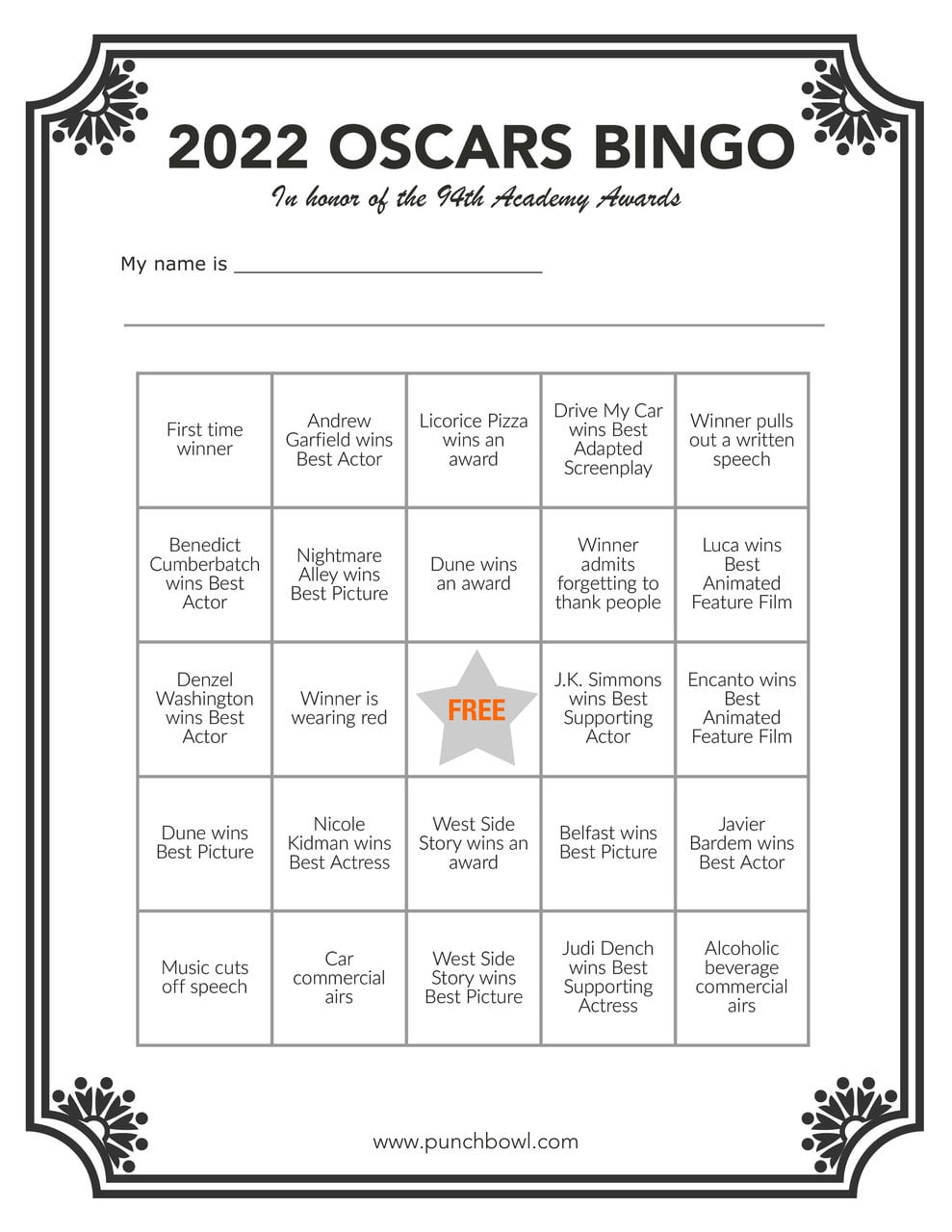 Oscar Bingo Cards Printable