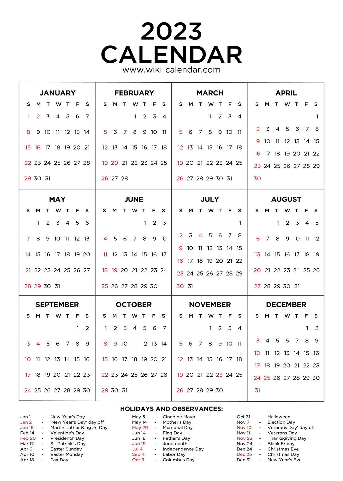 Printable Calendar 2023 Holidays