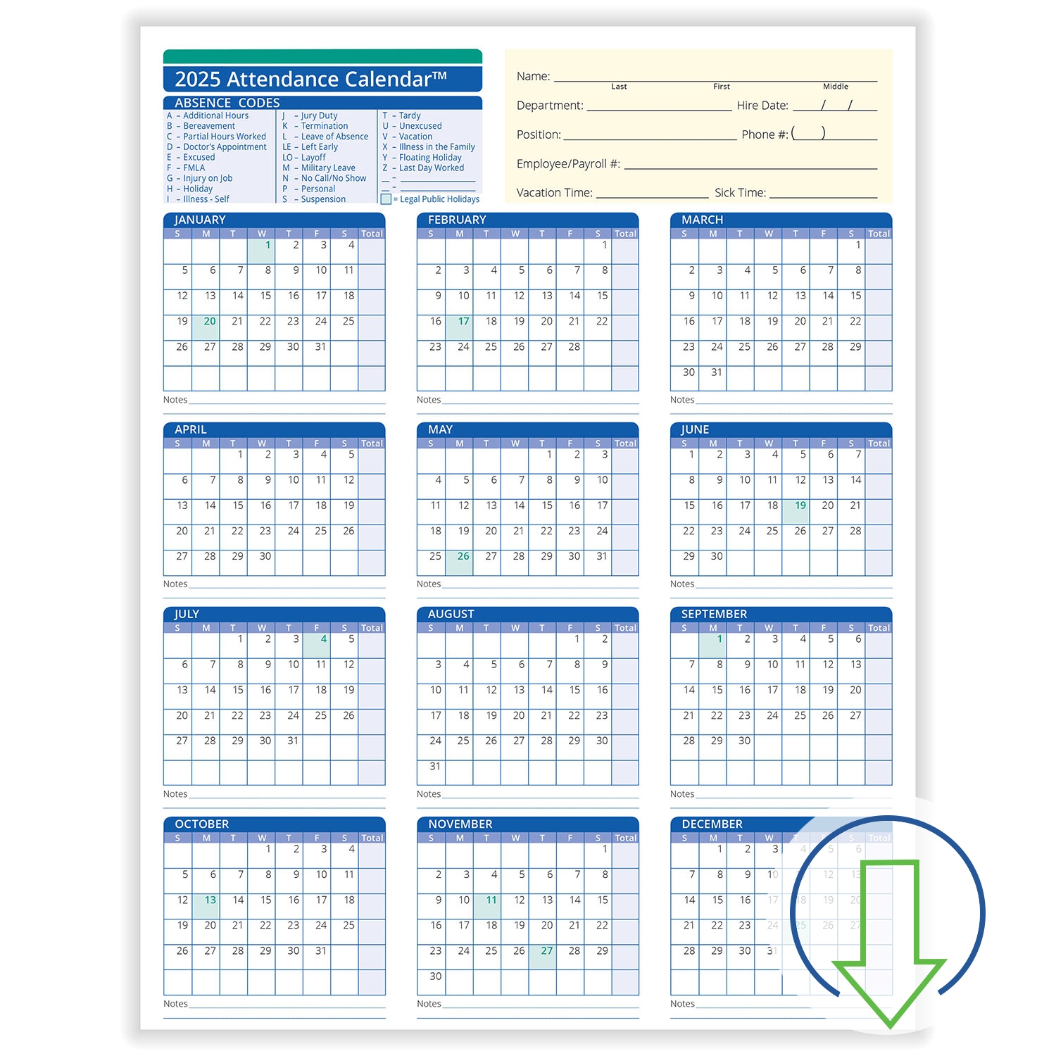 2025 attendance calendar printable free