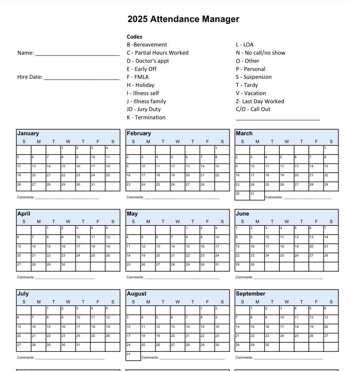 2025 attendance calendar printable free