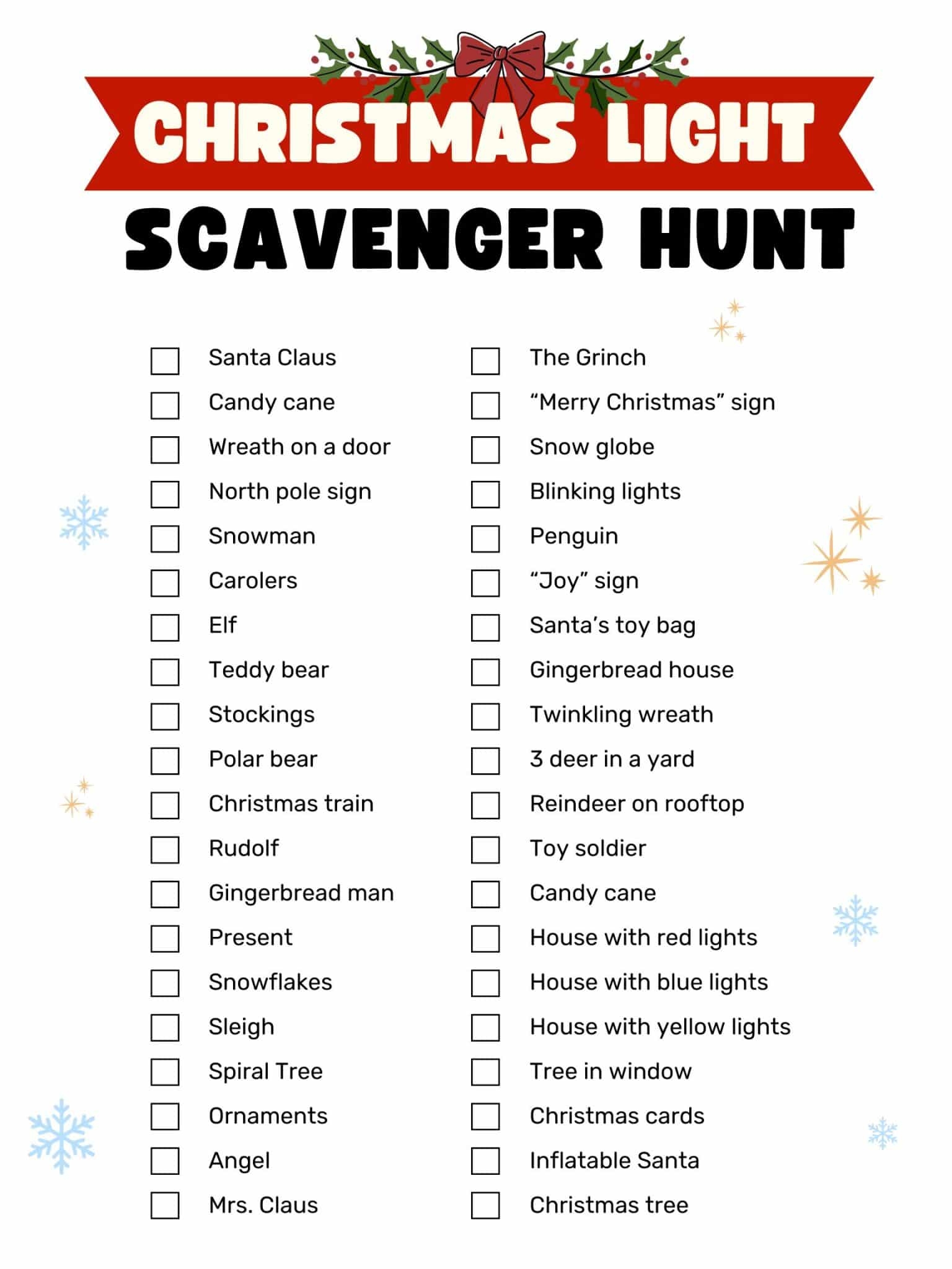 christmas light scavenger hunt free printable