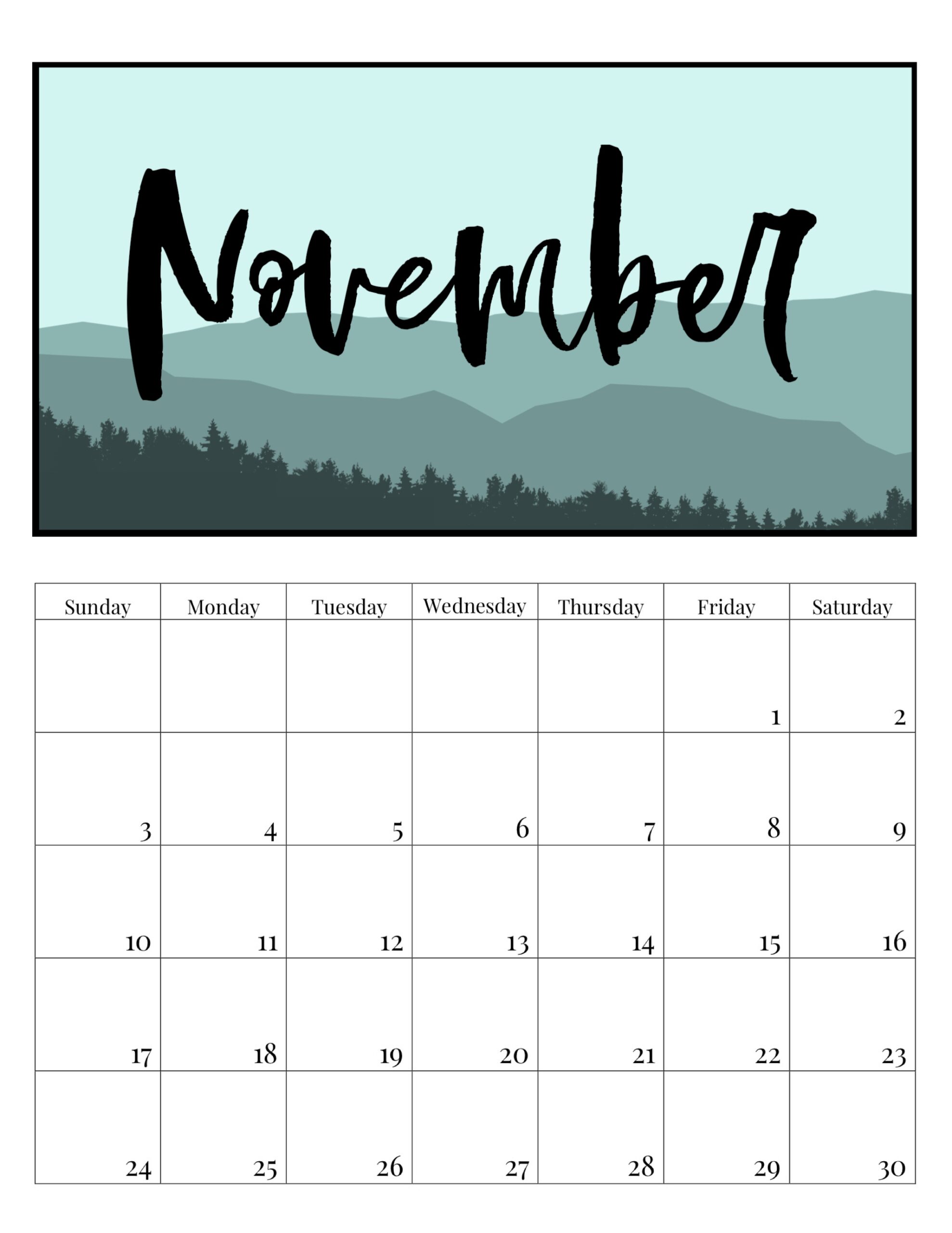 free printable november 2019 calendar