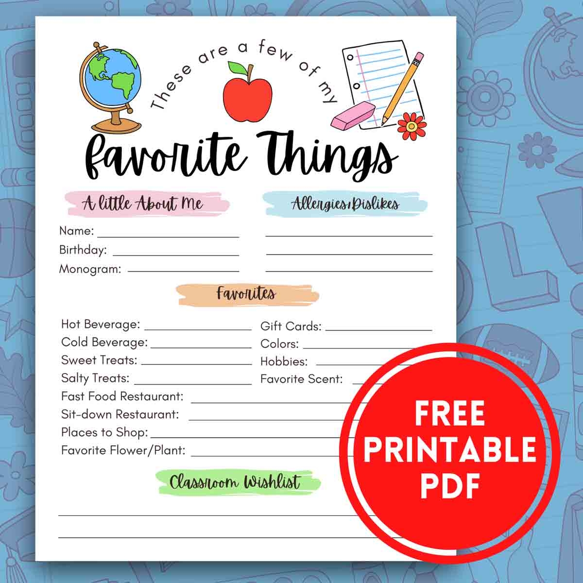 free printable teacher favorite things
