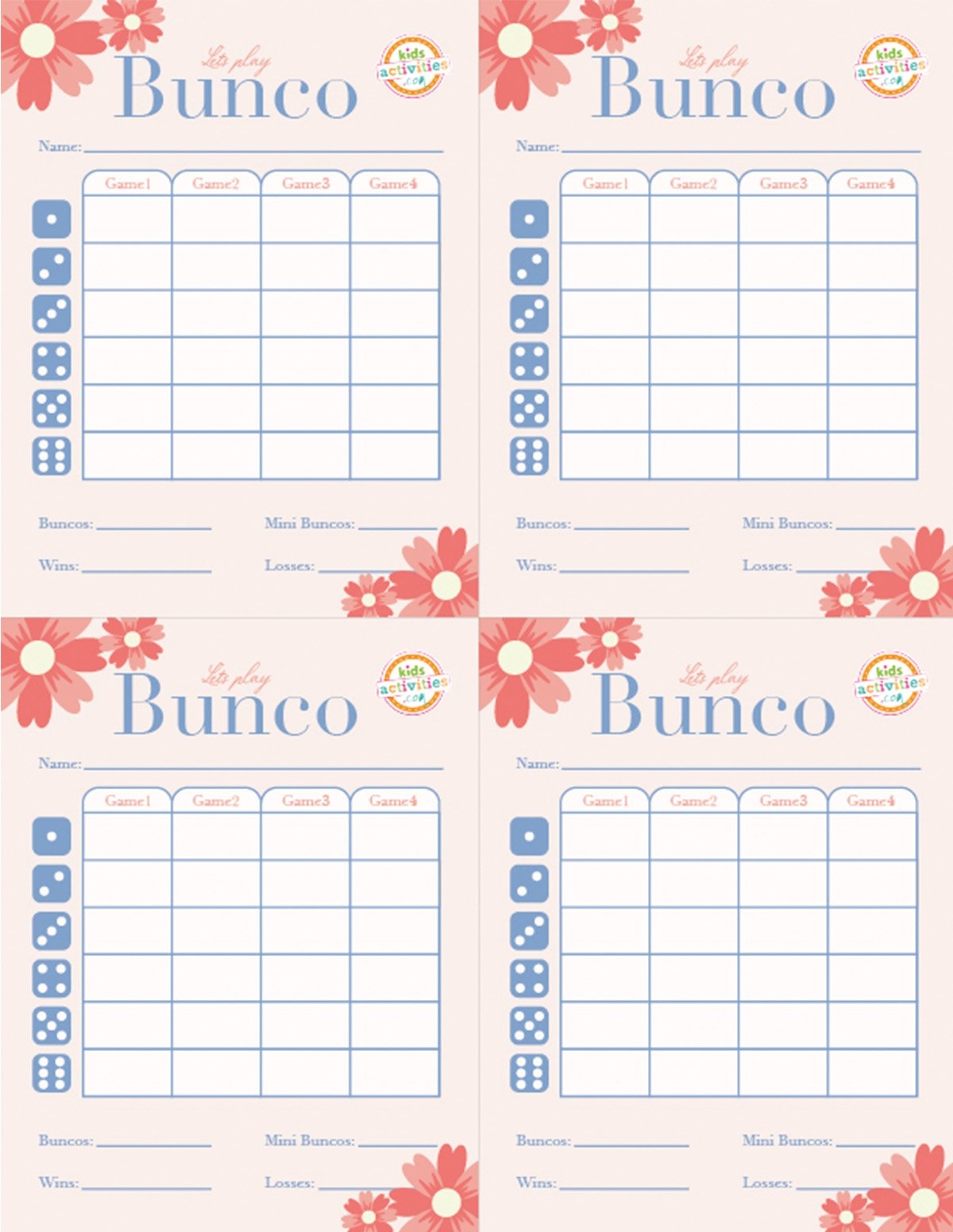 bunco score cards free printable