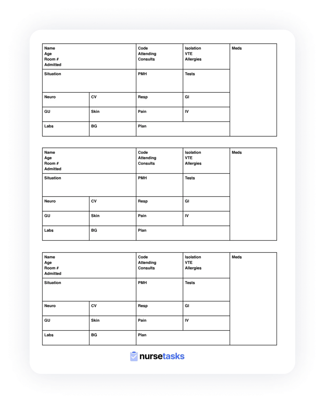 free printable nurse report sheets