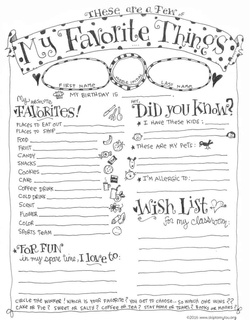 free printable teacher favorite things
